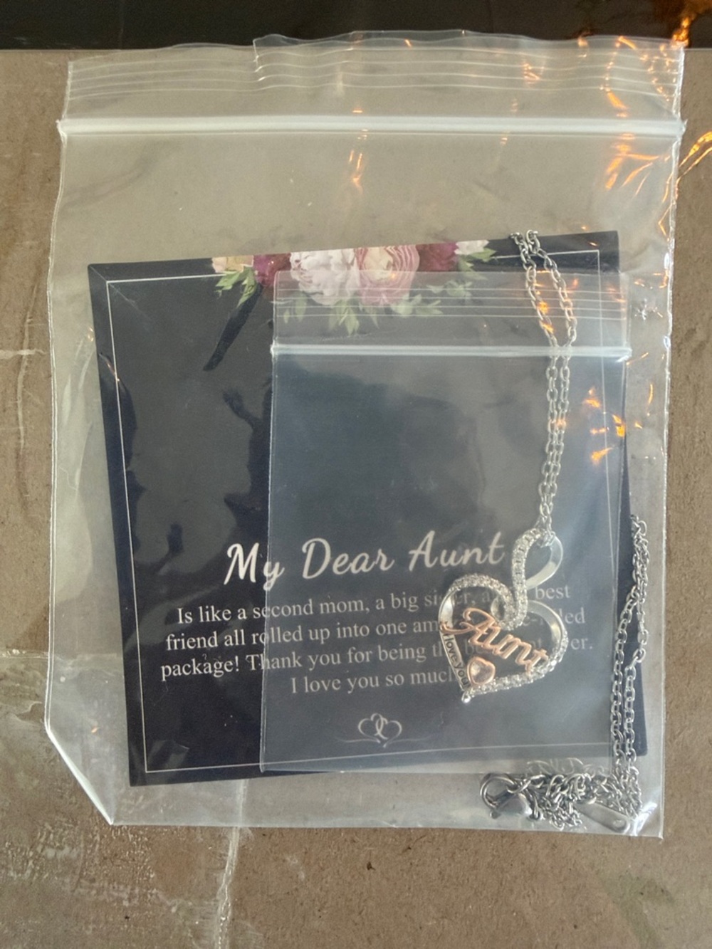 Aunt Heart Pendant Necklace - Silver with Rose Gold Script